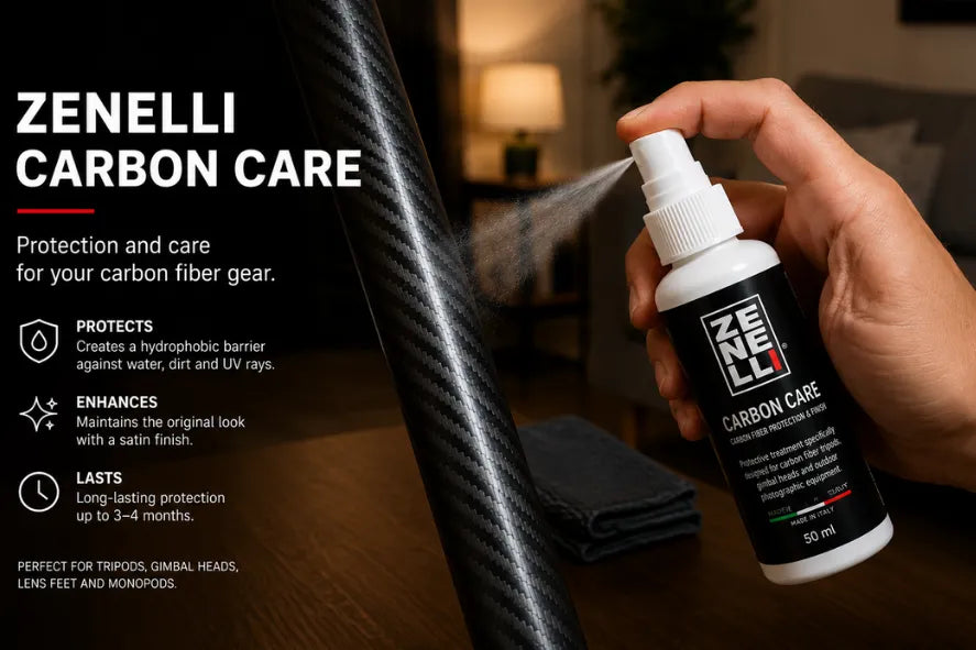 Applying Zenelli Carbon Care on a carbon fiber tripod to protect against water, dirt and UV while preserving the original satin finish.