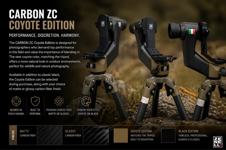 Carbon ZC Coyote Edition gimbal head by Zenelli, designed to blend with tripod and environment for discreet outdoor and wildlife photography