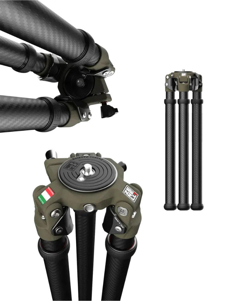 Zenelli TS carbon fiber sport tripod with fast-deployment inverted leg system, designed for wildlife photography, precision shooting and outdoor use.
