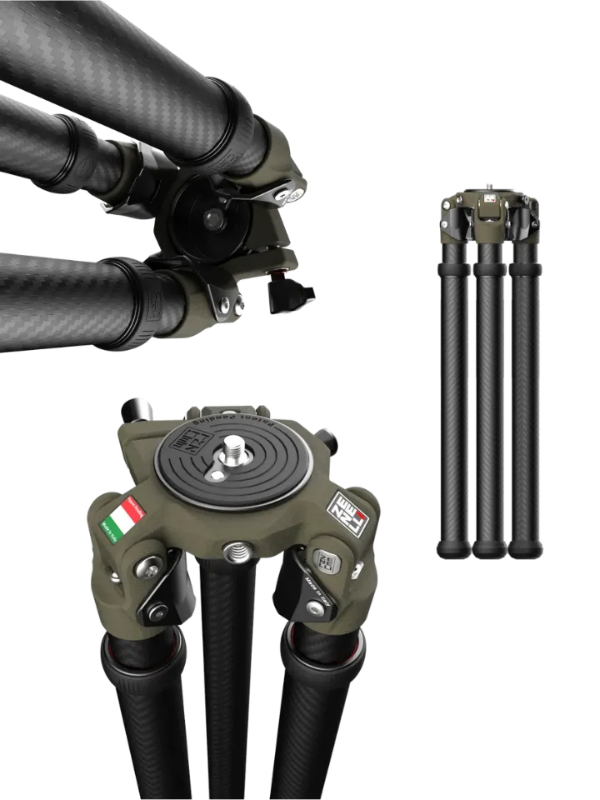 Zenelli TS carbon fiber sport tripod with fast-deployment inverted leg system, designed for wildlife photography, precision shooting and outdoor use.