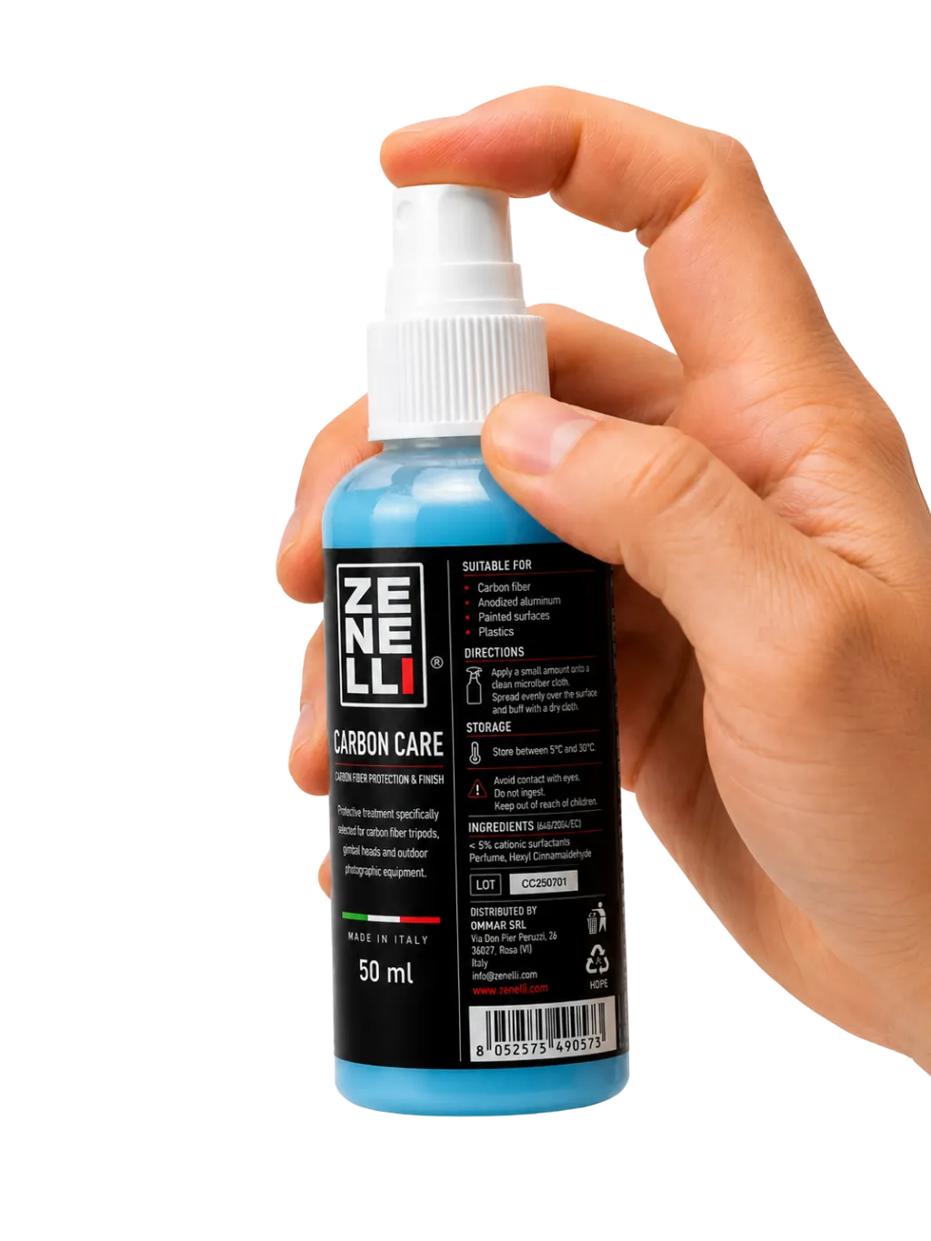 Zenelli Carbon Care creating a protective hydrophobic film on a carbon fiber lens foot