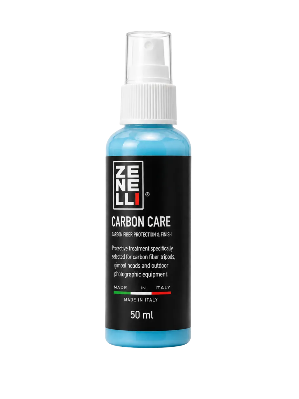 Zenelli Carbon Care spray creating an invisible protective barrier on carbon fiber camera accessories