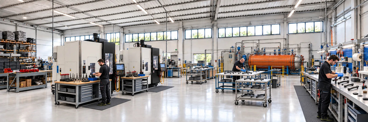 Zenelli workshop with CNC machining centers, operators preparing tools, carbon-fiber camera support arms on workbenches and an orange horizontal autoclave for composite lamination