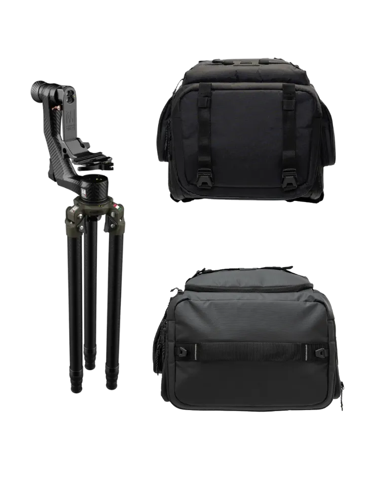 Complete wildlife photography kit with carbon tripod, balanced gimbal head and SAKK outdoor backpack for transporting and supporting professional camera equipment.