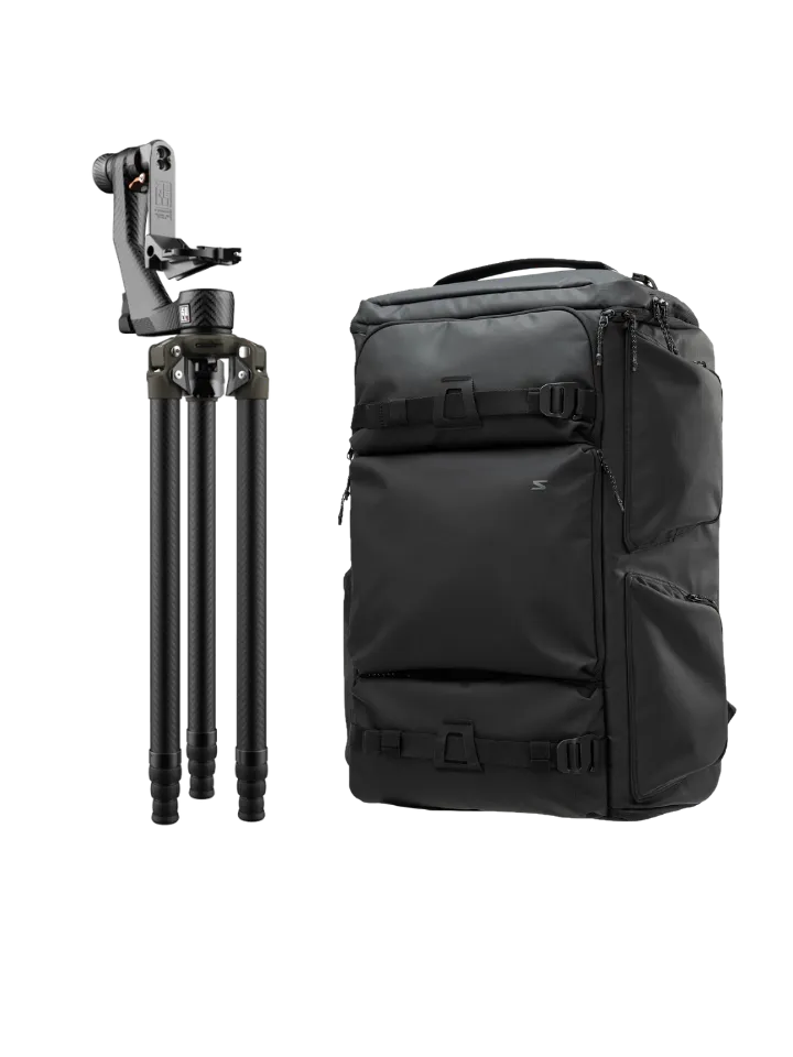 Zenelli Carbon TX34 tripod, ZX Glossy Plus gimbal head and SAKK Pack V2 backpack forming a complete wildlife photography kit for super telephoto lenses.