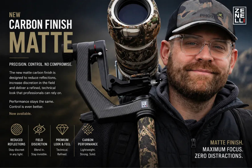 Zenelli matte carbon fiber gimbal head with anti-reflective finish for improved discretion and control in outdoor photography