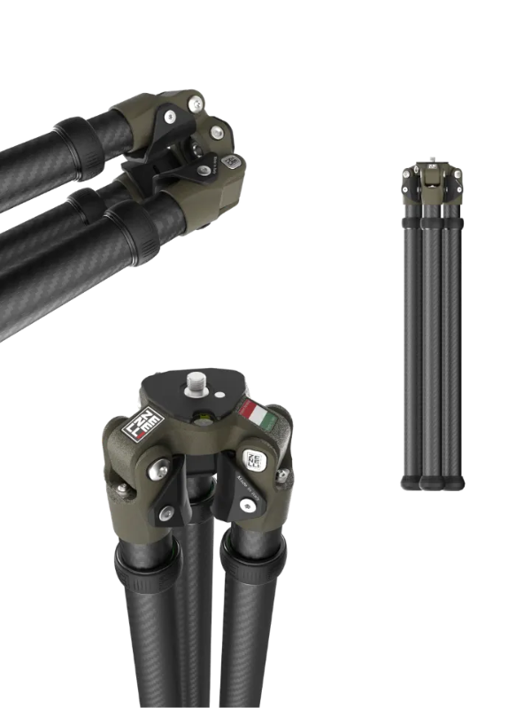 Lightweight Zenelli TS carbon fiber sport tripod featuring an inverted leg design for wildlife photography, spotting scopes and precision shooting.