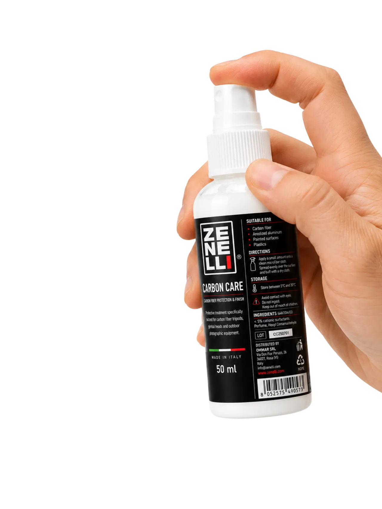 Zenelli Carbon Care creating a protective hydrophobic film on a carbon fiber lens foot