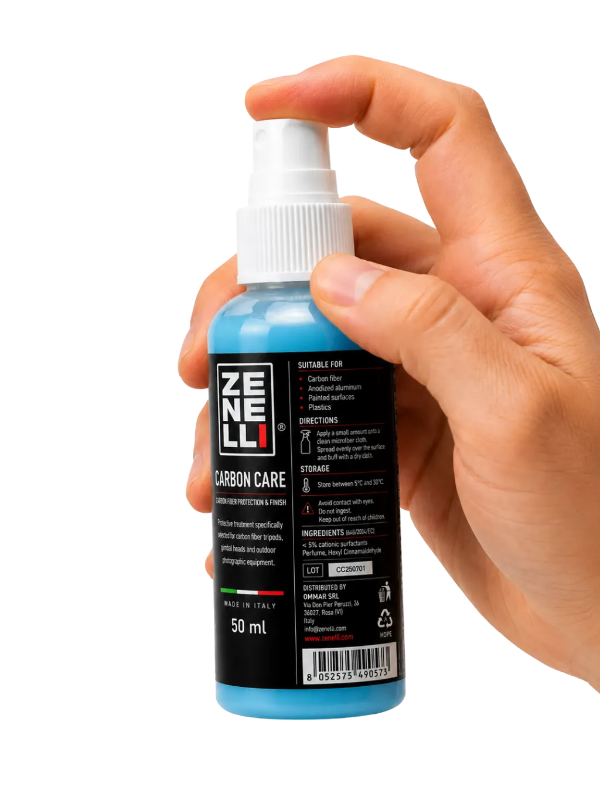Zenelli Carbon Care creating a protective hydrophobic film on a carbon fiber lens foot