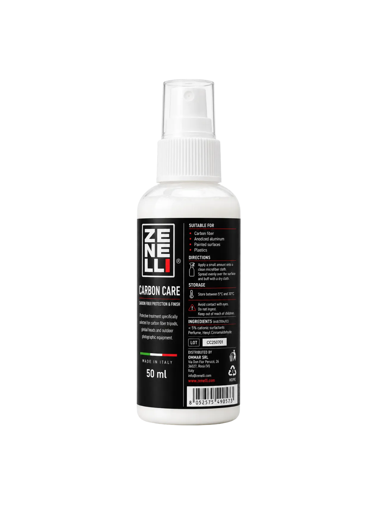 Zenelli Carbon Care spray creating an invisible protective barrier on carbon fiber camera accessories