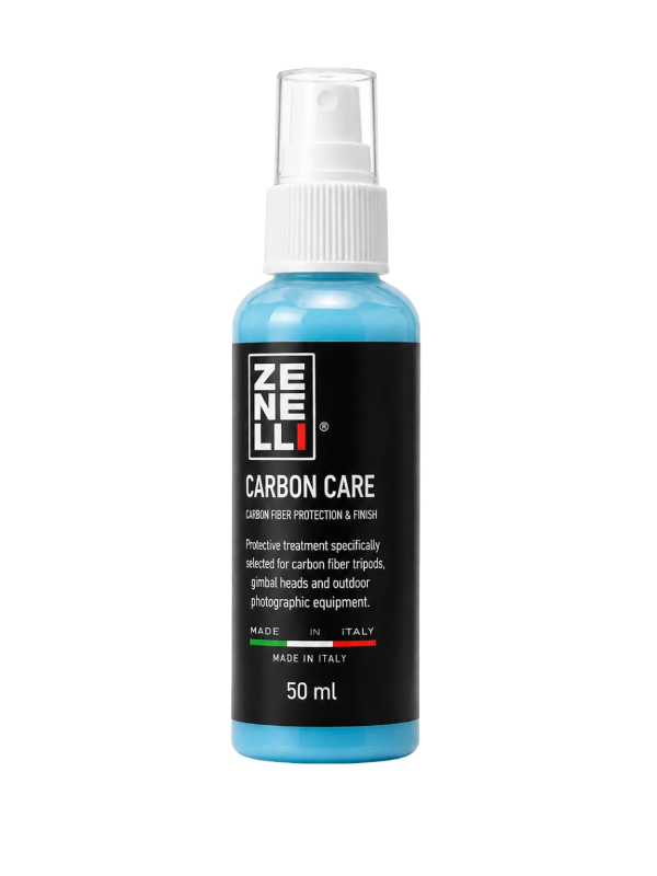 Zenelli Carbon Care spray creating an invisible protective barrier on carbon fiber camera accessories