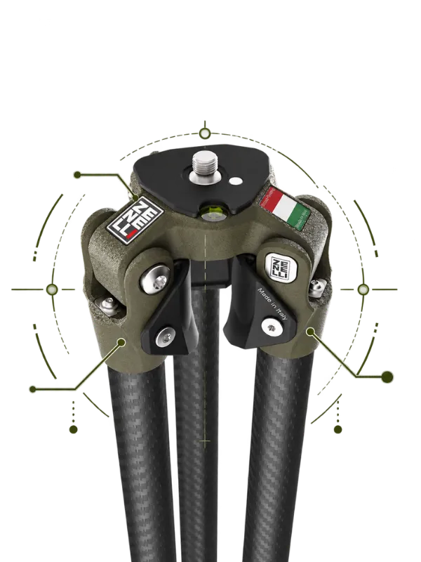 Custom Zenelli TC carbon fiber tripod configuration with an olive-green platform and carbon fiber legs.