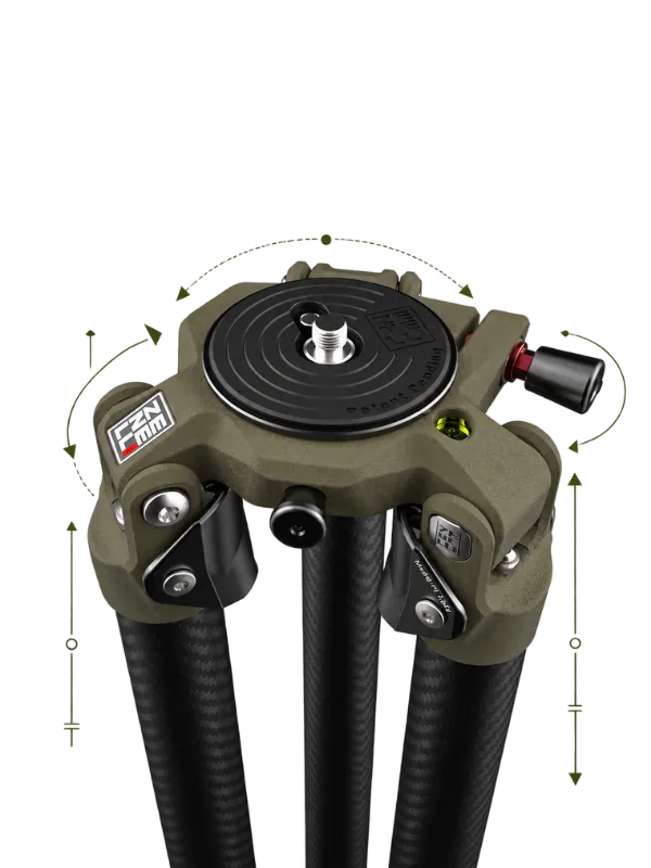 Custom Zenelli TX tripod configuration showing the olive-green platform and carbon fiber legs.