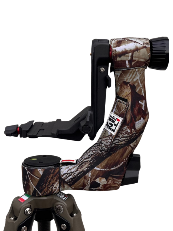 camouflage cover mounted on gimbal head for wildlife photography setup